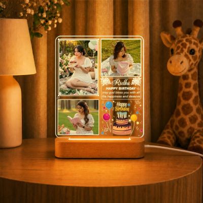 Personalized Photo Night Light with Wooden Base – Custom 3-Photo Acrylic LED Lamp with Name Birthday Gift for Her, Wife, Girlfriend, Daughter, Best Friend